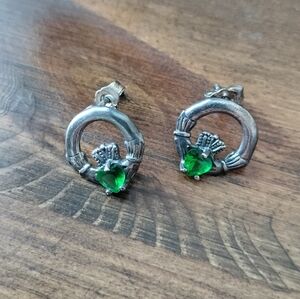 Vintage Sterling Silver And Tourmaline Claddagh Earrings